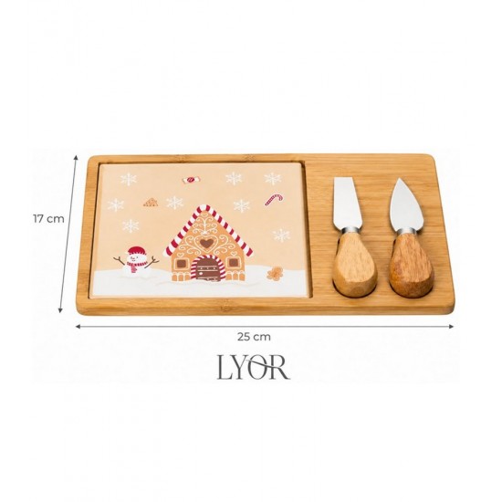 Jogo 4 Peças Para Queijo Bandeja de Bambu e Tábua Encanto de Natal - Lyor